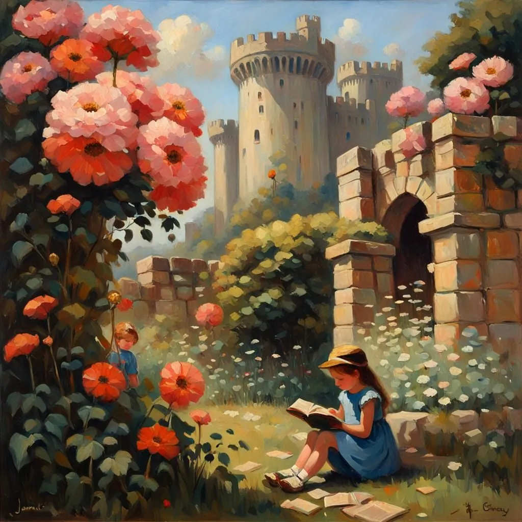 In a vibrant garden filled with an array of colorful flowers, a young girl sits engrossed in reading a book. Her专注的表情 and peaceful demeanor suggest that she is lost in the world of her imagination. Meanwhile, a majestic castle stands tall in the background, its grandeur contrasting with the serenity of the garden. The scene is bathed in warm sunlight, creating a sense of tranquility and enchantment.