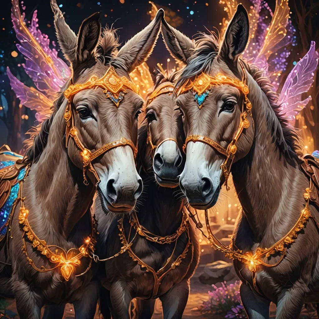 This image shows three donkeys with wings. They are wearing golden and blue harnesses that are decorated with jewels. The donkeys are standing in a dark forest, and there are sparkles of light in the background. The donkeys are all looking at the viewer.