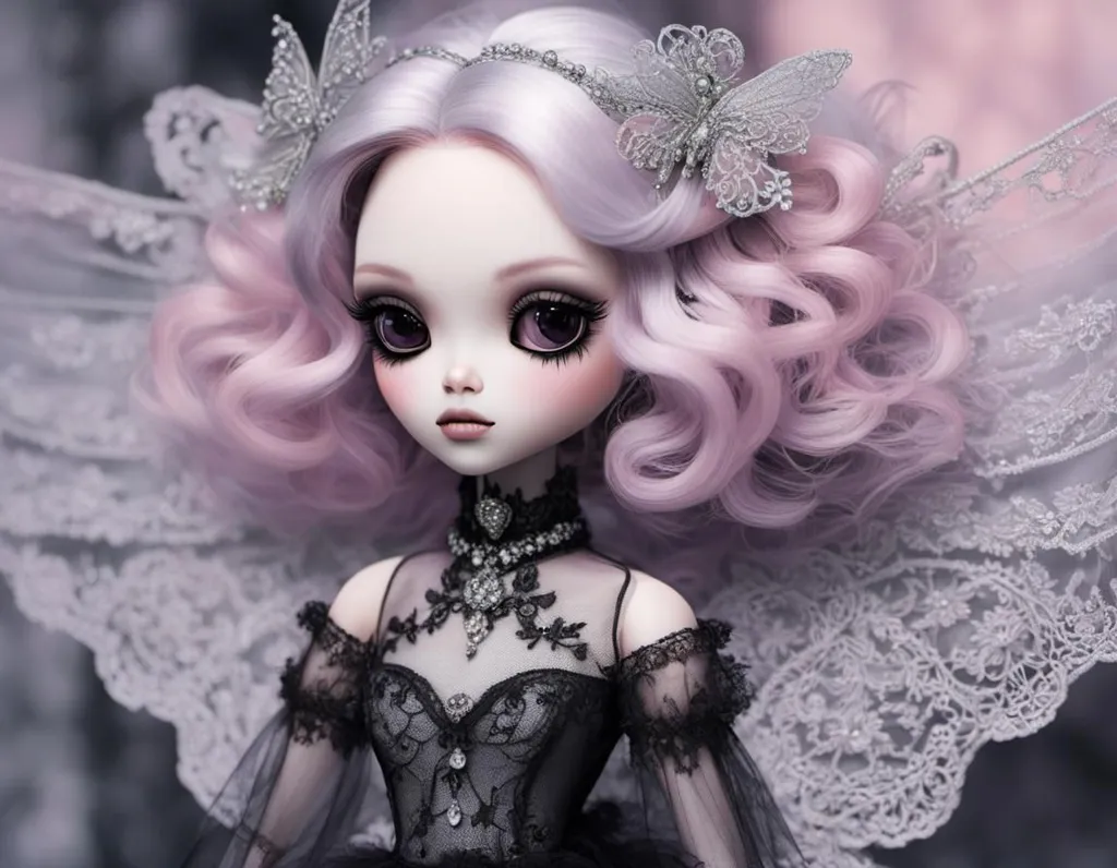 The image is of a doll with long pink hair, dark purple eyes, and a pale face. She is wearing a black dress with a white collar and has a butterfly on her head. The doll is standing in front of a pink background and has a serious expression on her face.