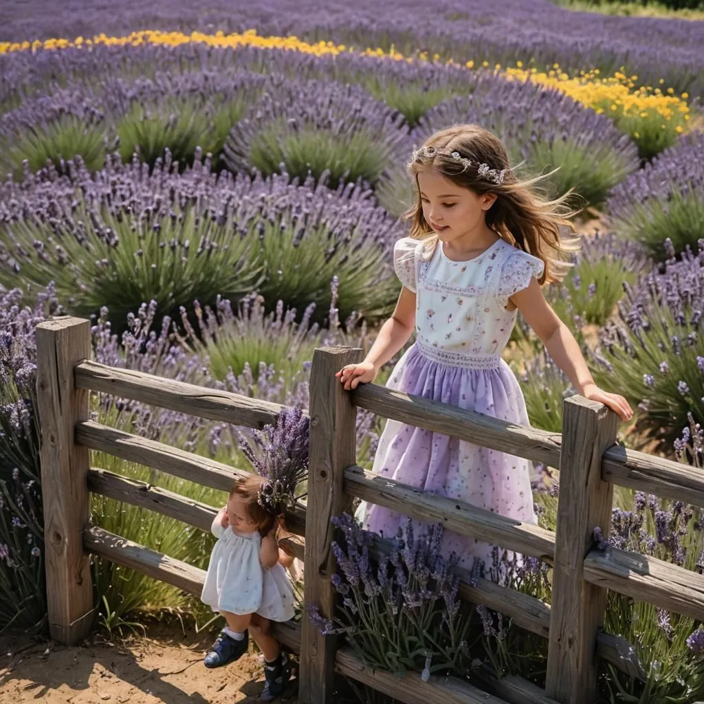 The little girl is wearing a white dress with a lavender sash. She has a lavender headband in her hair and is carrying a lavender doll. She is standing in a field of lavender, next to a wooden fence. The sun is shining and there are clouds in the sky.