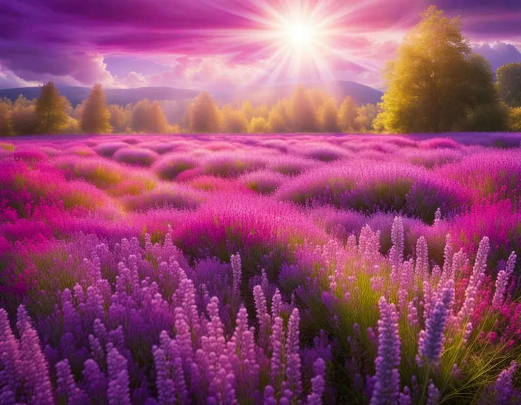 The image is of a lavender field. The lavender is in full bloom and the sun is shining brightly overhead. The sky is a clear blue and there are no clouds in sight. The lavender field is surrounded by trees and mountains. The image is very peaceful and relaxing.