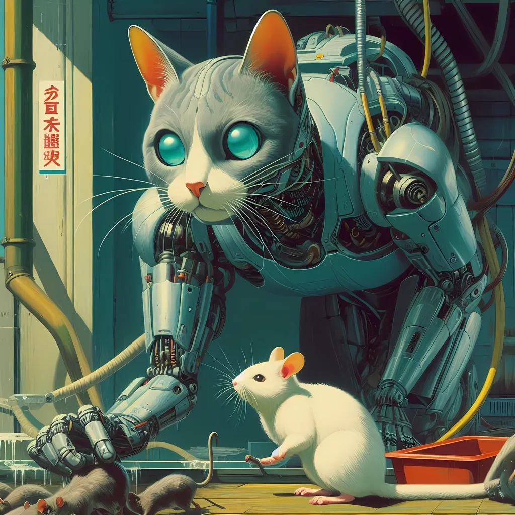 A robotic cat is sitting on a table. It has a white and gray fur, blue eyes, and a metallic body. The cat is looking at a white rat that is sitting on the floor. There are two other rats on the floor. The cat has a cord attached to its neck. The background is a blue wall with a door and some pipes.