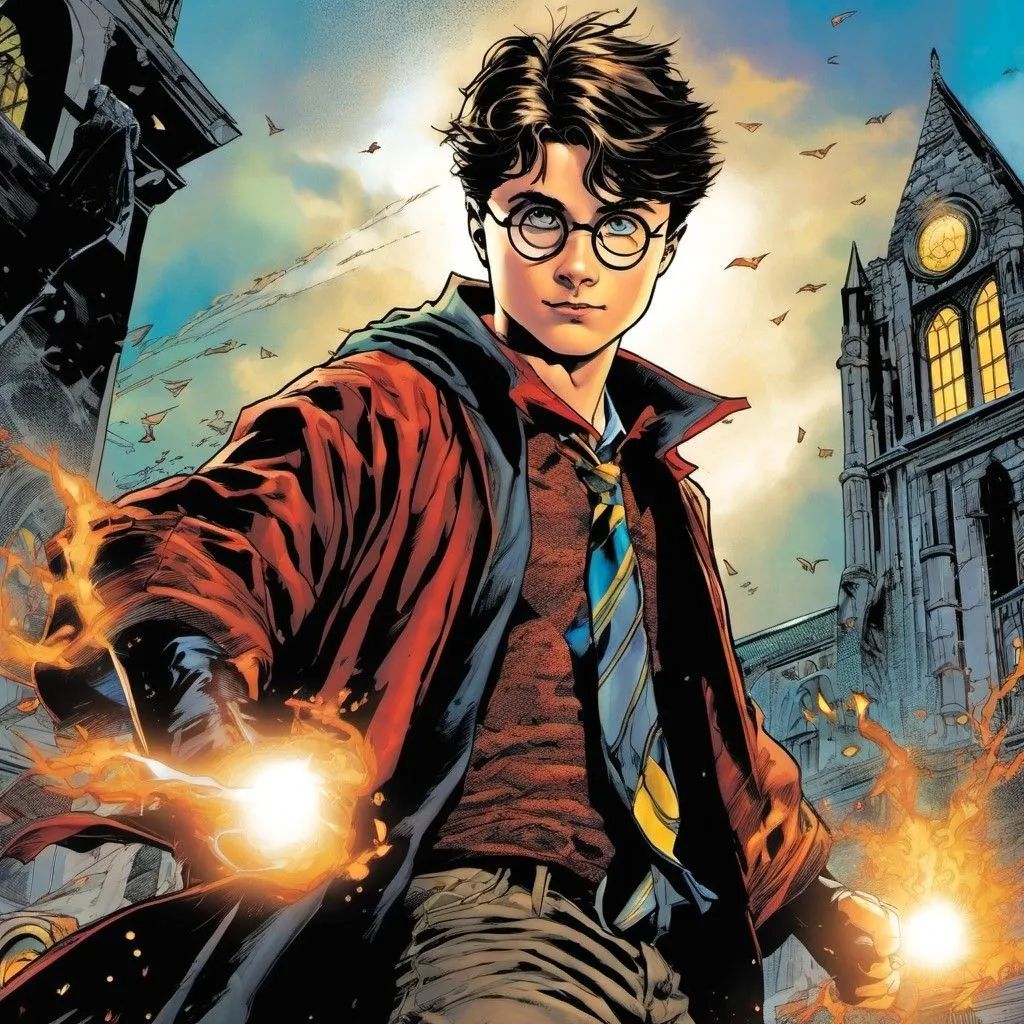 This is a picture of Harry Potter. He is a young wizard. He is wearing a red and yellow robe. He has a wand in his hand. He is standing in front of a castle. There are two birds flying in the sky.