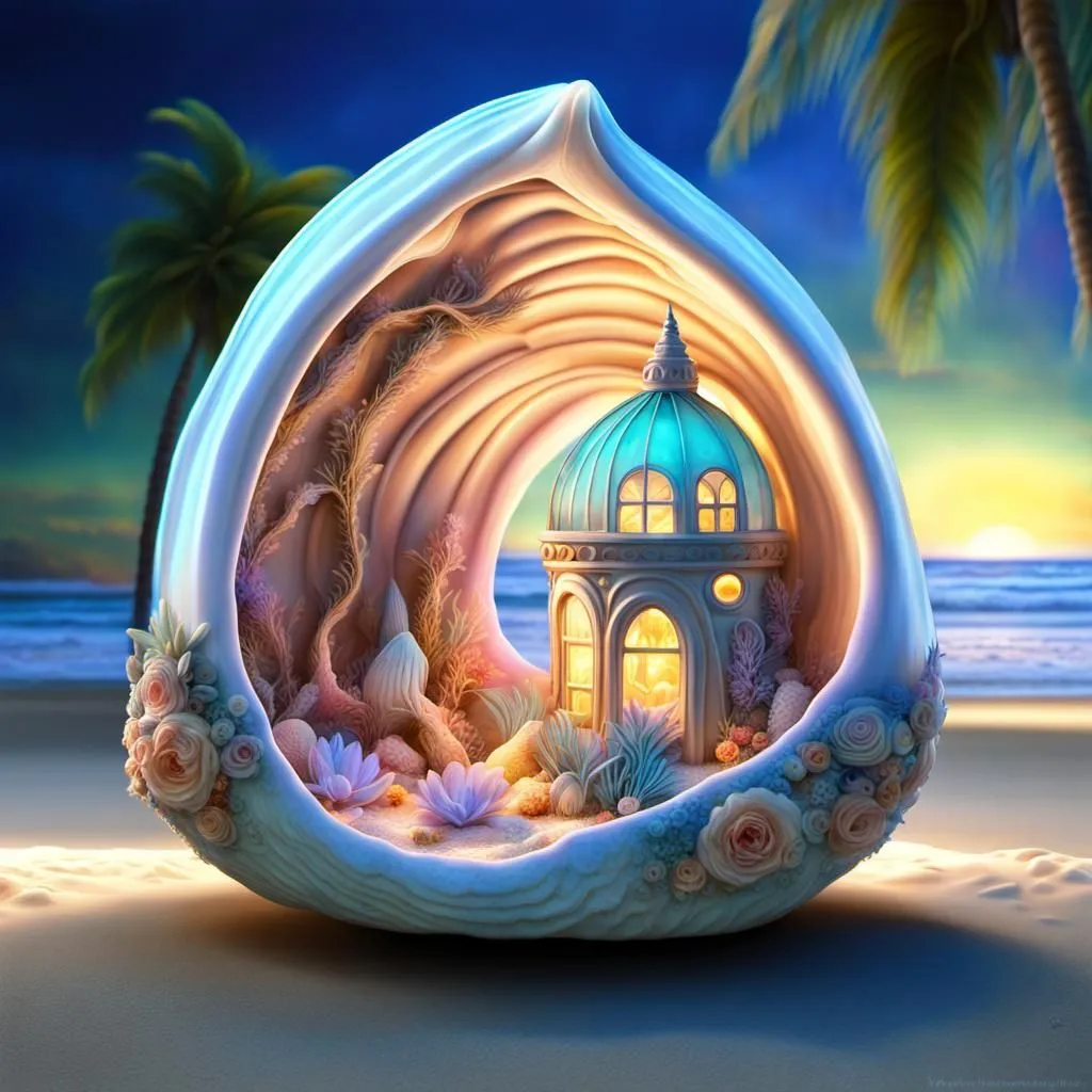 The image is a beautiful seashell house. It is sitting on a beach at sunset. The house is made of a large seashell and is decorated with pink and white flowers, and green plants. There is a palm tree next to the house. The ocean is in the background. The water is a deep blue color. The sky is a light blue color. The sun is setting and is a bright yellow color. The image is very peaceful and relaxing.