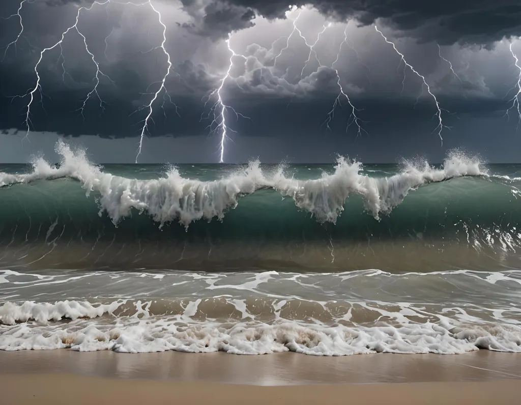 The image shows a stormy sea. The waves are huge and they are crashing against the shore. The sky is dark and there is a lot of lightning. The storm is very strong and it is dangerous to be outside.