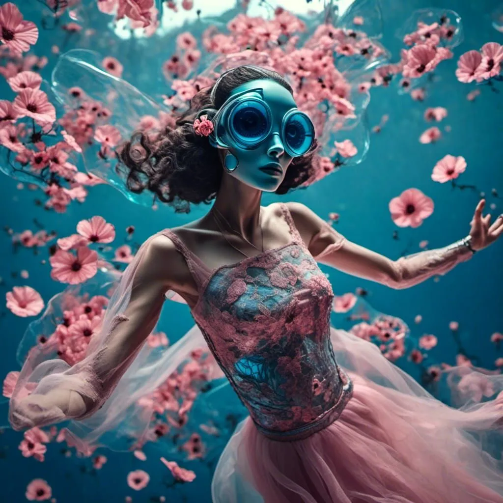 The image is a surreal and beautiful depiction of a woman swimming in a sea of flowers. The woman is wearing a pink dress and a pair of goggles. Her hair is flowing around her head, and her eyes are closed. The flowers are pink and white, and they are in full bloom. The water is a deep blue color, and it is clear and transparent. The image is full of movement and energy, and it conveys a sense of peace and tranquility.