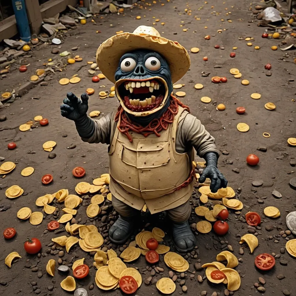 The image shows a small blue monster wearing a sombrero and a serape. It has sharp teeth and is surrounded by a pile of Doritos and tomatoes. The monster is standing on a dirt road and is looking at the camera. It has a surprised expression on its face.