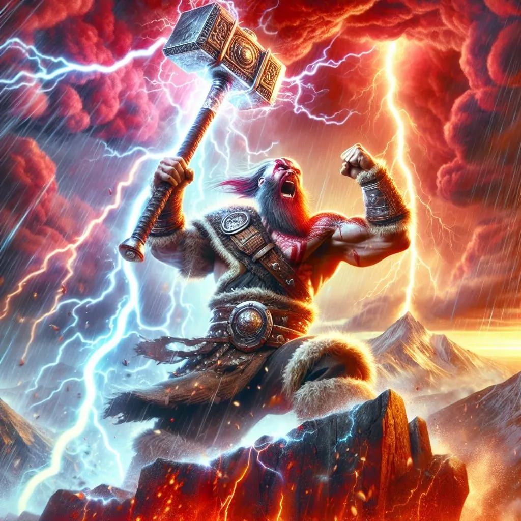 In the midst of a stormy sky, a powerful warrior stands atop a rocky crag, his muscular frame outlined against the backdrop of swirling clouds. His long beard and hair stream in the wind as he brandishes a massive hammer, its head glowing with an otherworldly light. The warrior's eyes are narrowed in concentration as he summons his strength, ready to unleash a devastating blow upon his enemies. The scene is one of pure power and determination, as the warrior embodies the very essence of a force of nature, ready to unleash his fury upon the world.