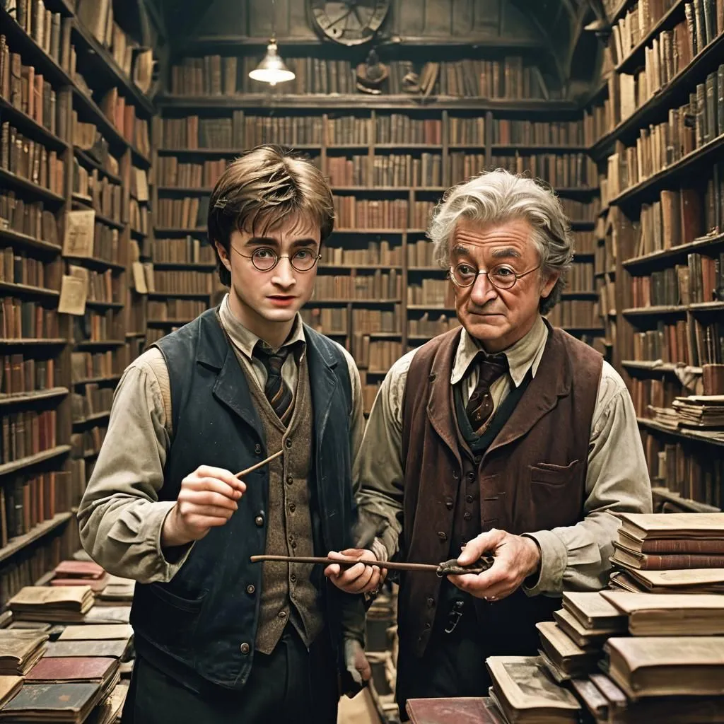 This is a scene from the movie Harry Potter and the Half-Blood Prince. Harry Potter is a young wizard who is about to start his sixth year at Hogwarts School of Witchcraft and Wizardry. He is standing in the library with Professor Armando Dippet, the headmaster of Hogwarts. Professor Dippet is showing Harry a book that he has found in the library. The book is about the Half-Blood Prince, a mysterious figure who was a student at Hogwarts many years ago.