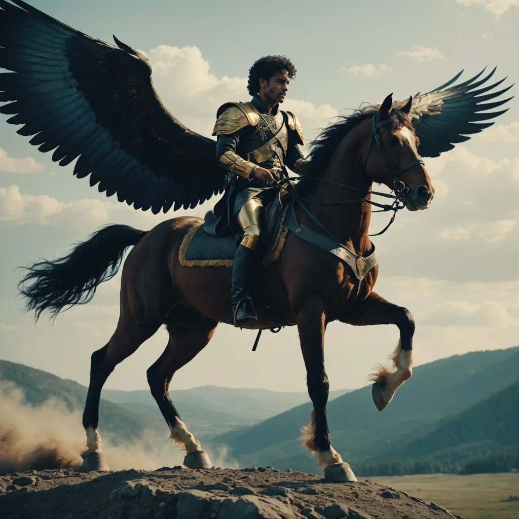 A valiant warrior rides a majestic winged horse. The warrior is dressed in golden armor and a billowing cape, and they wield a mighty sword. The horse has powerful wings and a long, flowing mane. Together, the warrior and horse make an unstoppable team, soaring through the skies and vanquishing their enemies.