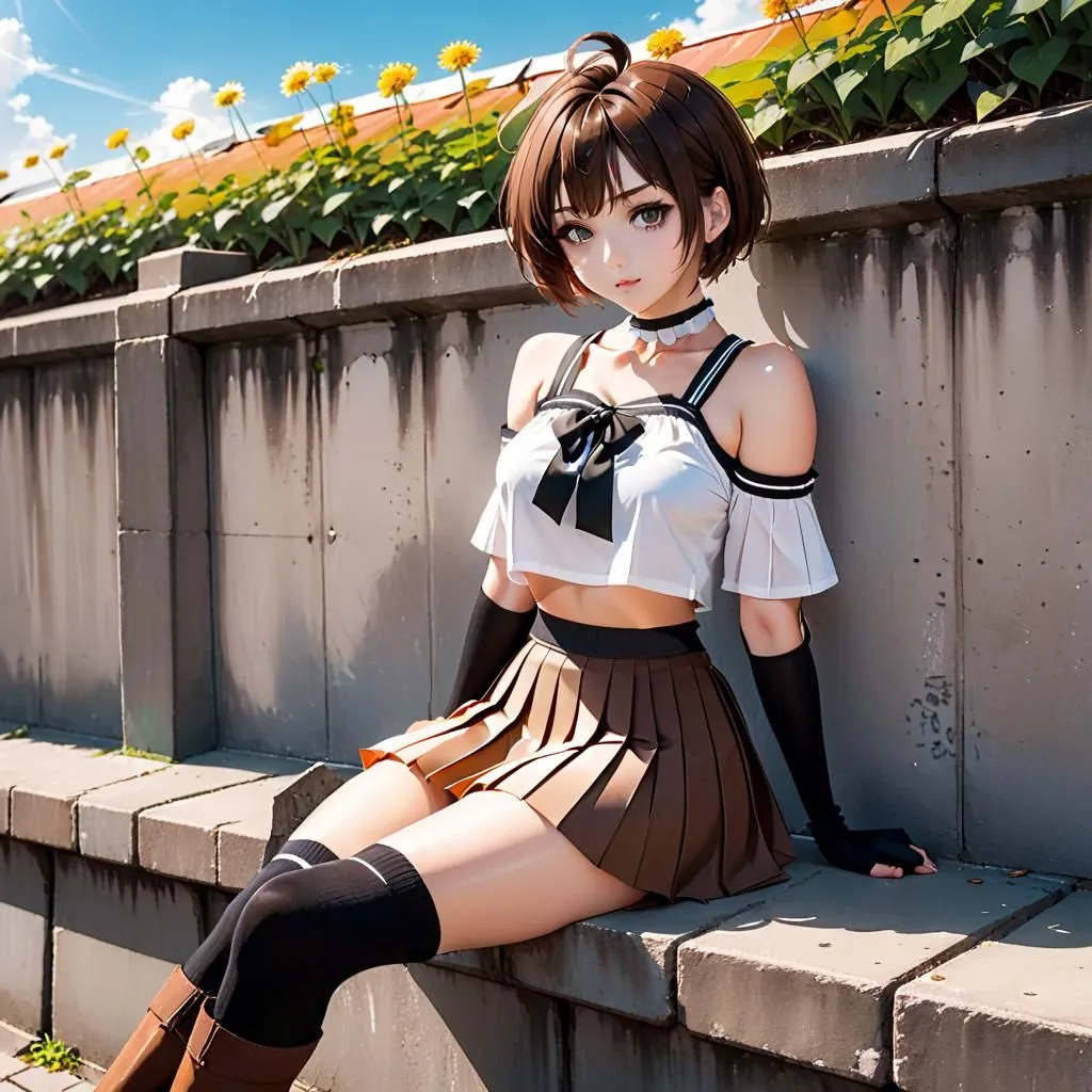 This is an image of an anime girl with brown hair and brown eyes. She is wearing a white crop top with a black bow, a brown pleated skirt, and brown boots. She is sitting on a ledge with her legs crossed and has a confident expression on her face.