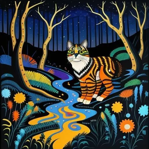 A brightly colored painting of a cat in a forest. The cat is standing in a river, and there are flowers and plants all around it. The trees are bare, and the sky is dark blue with stars. The cat has green eyes and a long tail, and it is looking out at the viewer. The painting is full of bright colors and has a whimsical feel to it.