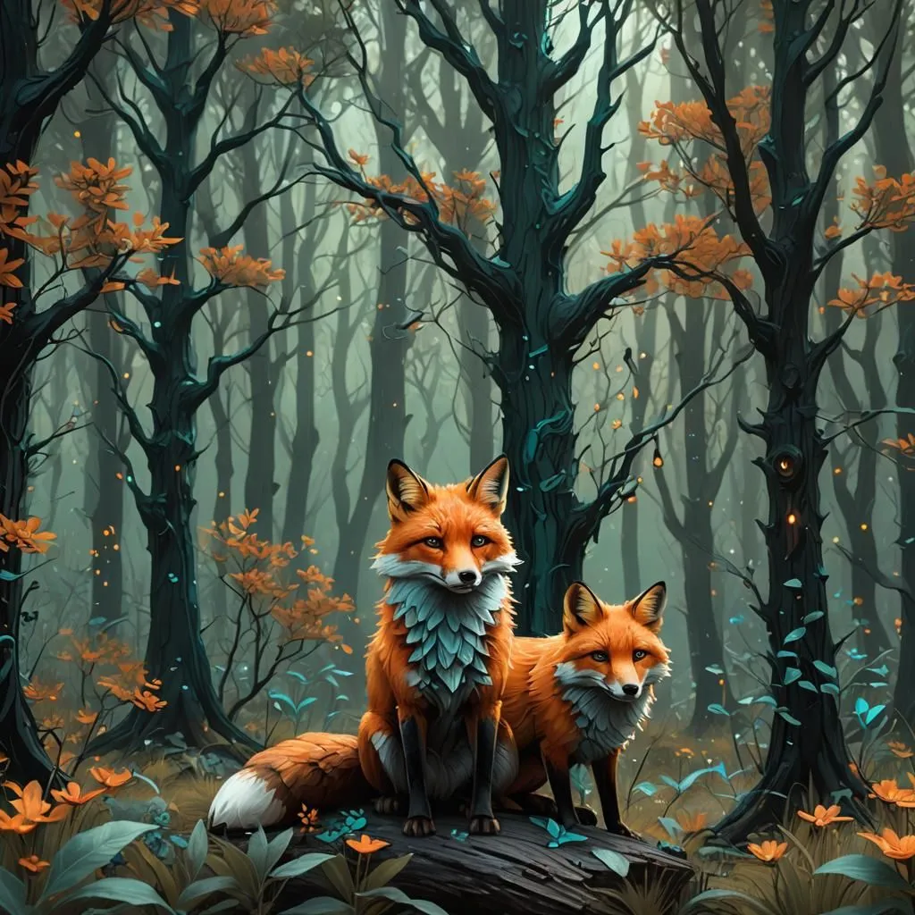 A pair of red foxes sit in a dense forest. The trees are tall and bare-branched, and the ground is covered in a thick layer of leaves. The foxes are both looking in the same direction, and they seem to be listening to something. Their ears are perked up, and their eyes are wide open. The fur on their backs is raised, which suggests that they are feeling threatened or excited.