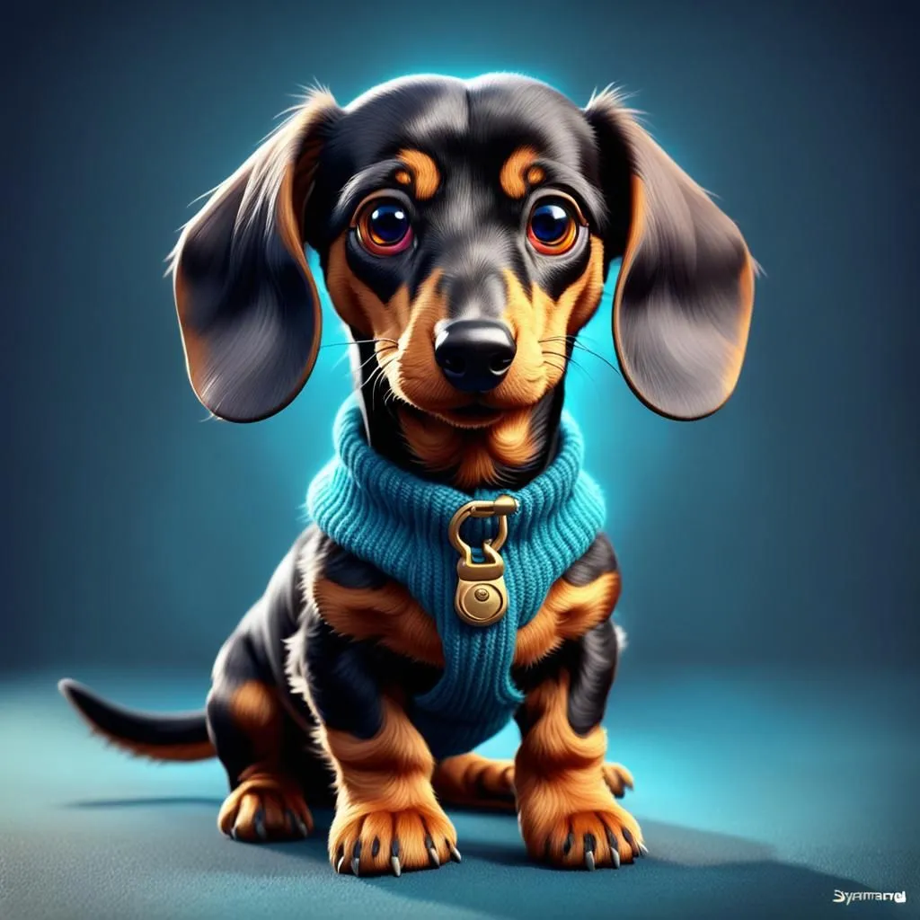 The image shows a cute dachshund puppy with big round eyes. It is wearing a blue sweater and a collar with a gold buckle. The puppy is sitting on a blue background and looking at the viewer with a curious expression. The puppy's fur is black and tan, and its ears are long and floppy. It has a small, black nose and a pink tongue. The puppy is sitting with its front paws together.