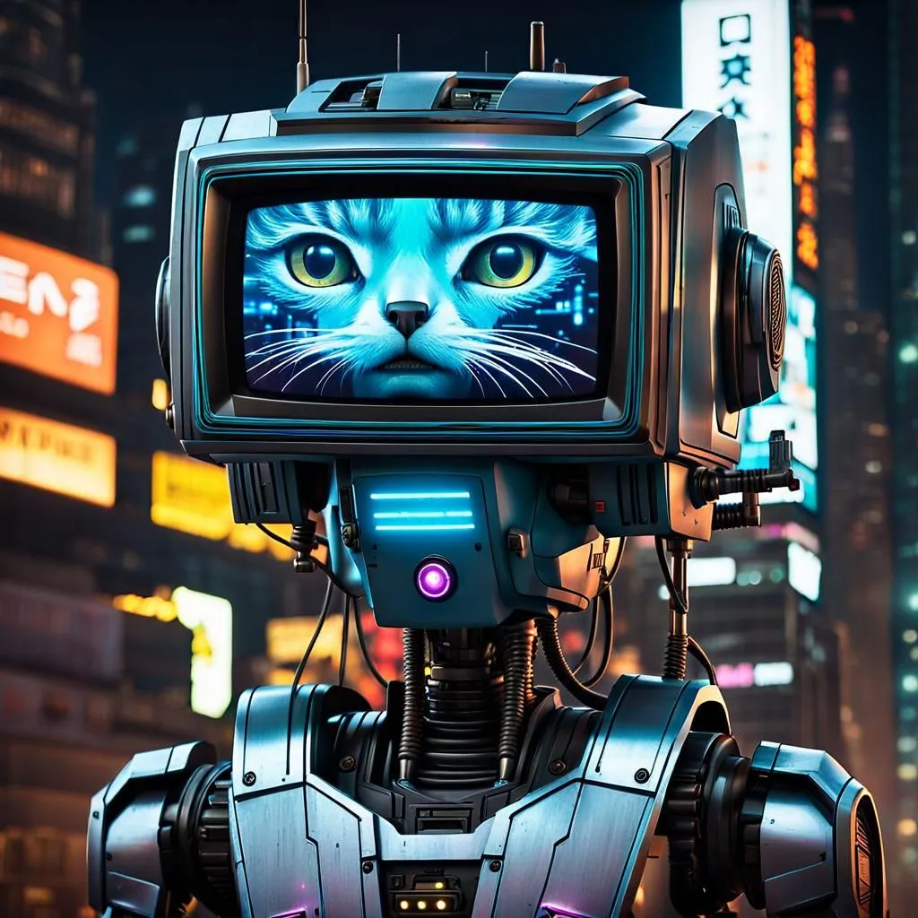 The image is a robot with a cat's face on its screen. The robot is standing in a dark place with a lot of lights in the background. The robot's face is blue and white, and it has a small, triangular nose. The robot's eyes are yellow and it has a small, black mouth. The robot is wearing a silver collar with a small, blue tag. The robot's body is made of metal, and it has a lot of wires and tubes attached to it. The robot is standing on two legs, and it has two arms with three fingers each.