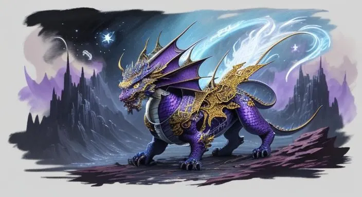 The purple dragon is a majestic creature with shimmering gold accents and a glowing white mane. It stands proudly on a rocky perch, its wings majestically spread. The background is a dark and stormy sky, with lightning bolts flashing in the distance.