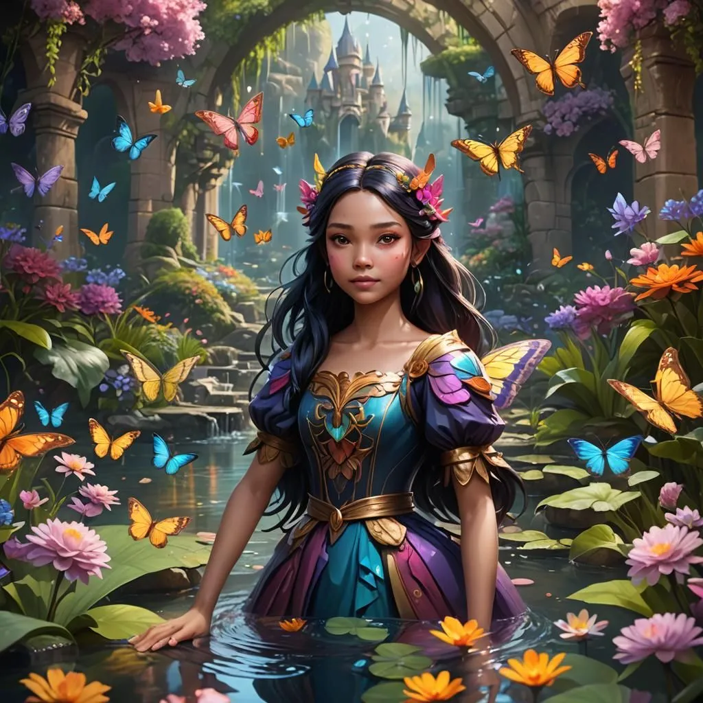 cute girl, princess of butterflies, water gardens, rainbow blossoms