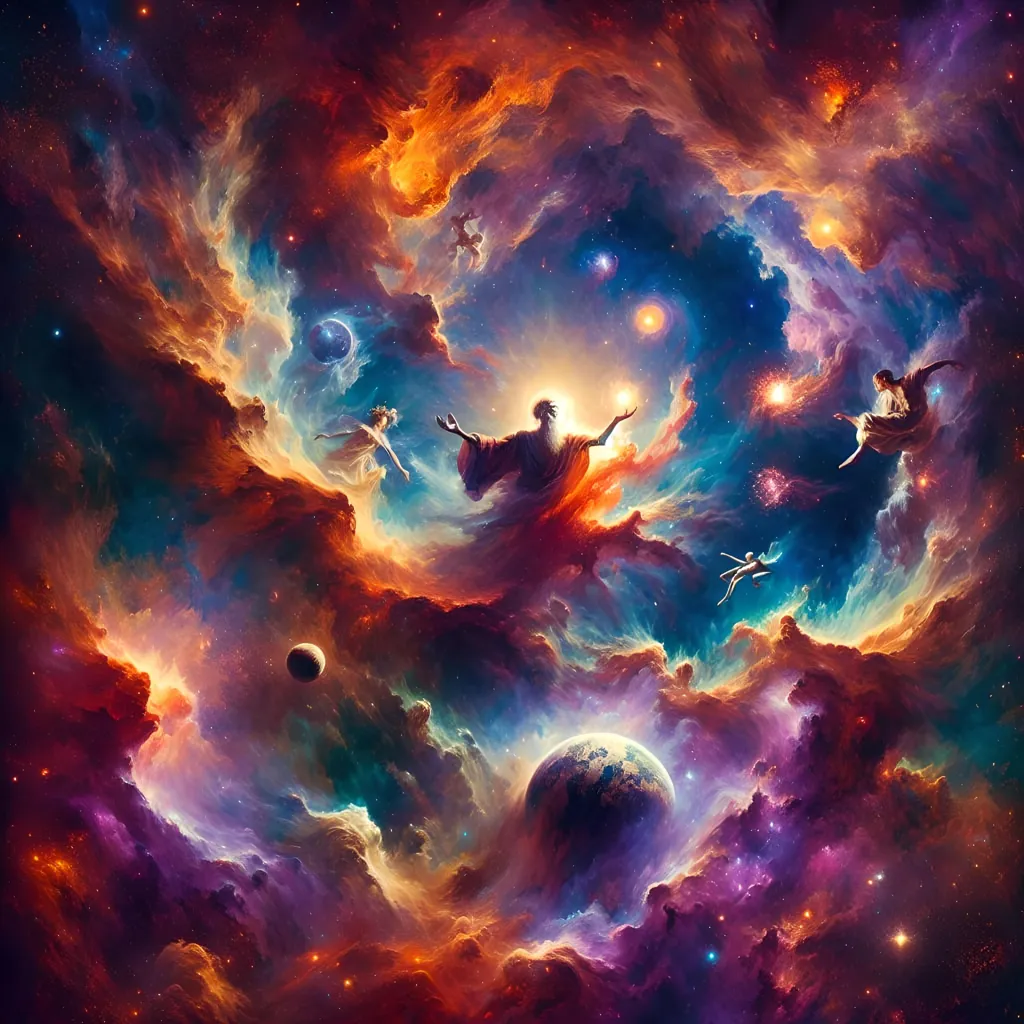 The image is a depiction of a cosmic event. There are several planets and stars in the background. The colors are vibrant and saturated. There are clouds of gas and dust. There are also several figures in the image. They are all floating in the air. They are all wearing white robes. They have their arms outstretched. The image is very beautiful and awe-inspiring. It is a reminder of the vastness of the universe and the渺小ness of humanity.