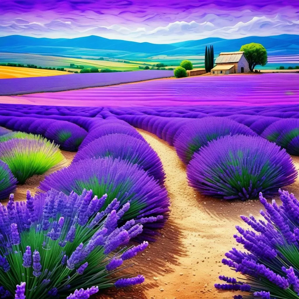 The image shows a field of lavender in bloom. The lavender is a beautiful purple color, and it is in full bloom. There is a path running through the middle of the field, and there is a small house in the distance. The sky is a clear blue, and the sun is shining brightly. The image is very calming and peaceful.