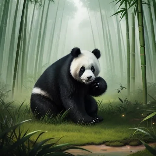 A panda is sitting in a bamboo forest. The panda is black and white with a round face and fluffy ears. It is sitting on its haunches and has one paw on its face. The bamboo forest is green and lush, and the sun is shining through the trees. The panda is looking at something in the distance. It seems to be in a peaceful and contemplative mood.