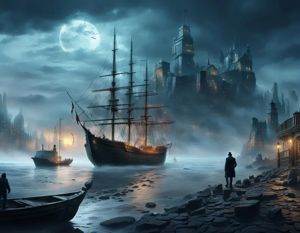 The dark clouds loom over the city, and the moon shines brightly in the sky. The ship is anchored in the harbor, and the waves lap against the shore. A man stands on the edge of the water, looking out at the ship. He is wearing a long coat and a hat, and he has a cane in his hand. He is alone, and he seems to be lost in thought.