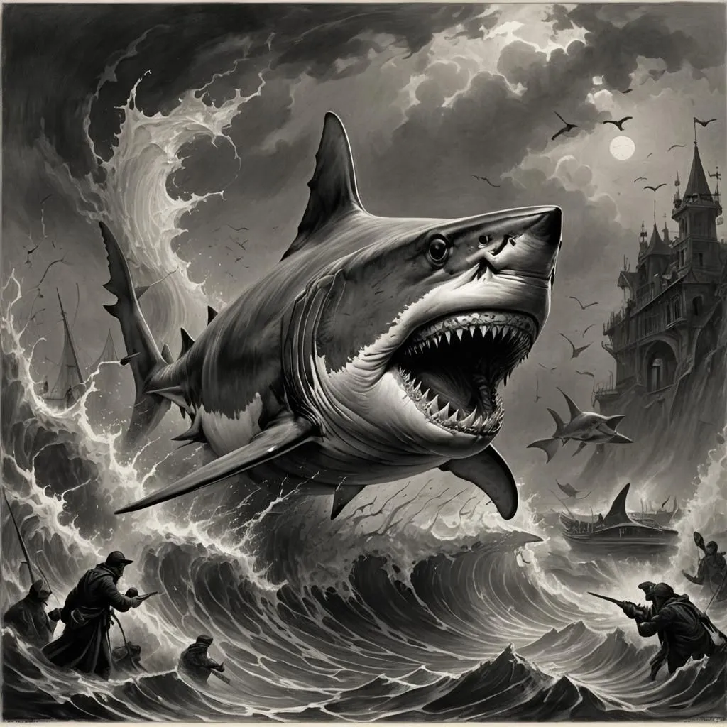 A giant shark is leaping out of the water with its mouth wide open, and there are two ships in the background. The shark is surrounded by waves and there are seagulls flying around it. The shark has a large fin on its back and sharp teeth. The ships are both wooden and have sails. The shark is black and white and the ships are brown.