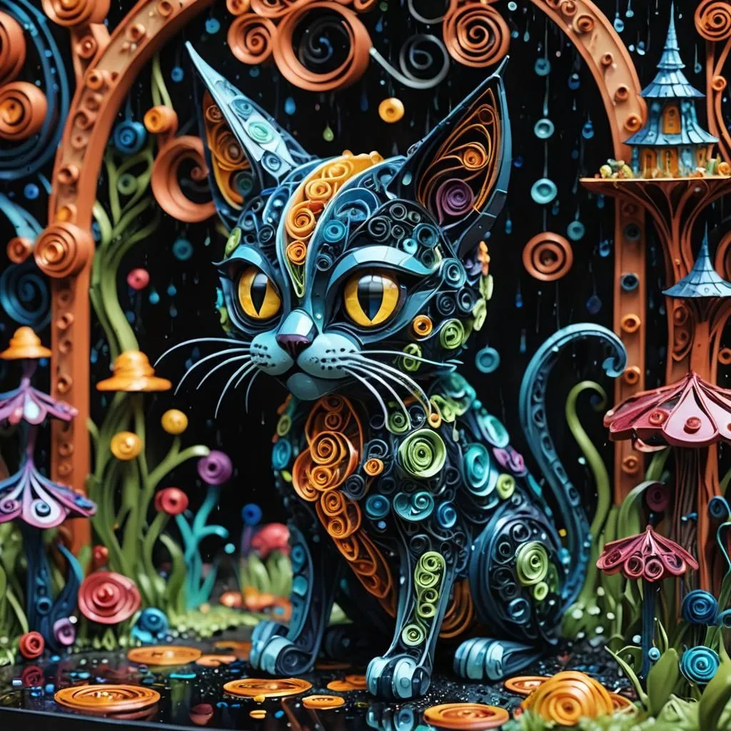 This is a digital art piece of a cat sitting in a colorful and whimsical forest setting. The cat is made up of intricate patterns and swirls, and is surrounded by a variety of plants, mushrooms, and other natural elements. The colors are vibrant and saturated, and the overall effect is one of wonder and enchantment. The image is full of intricate details, and the viewer is invited to explore the scene and discover all the hidden secrets.