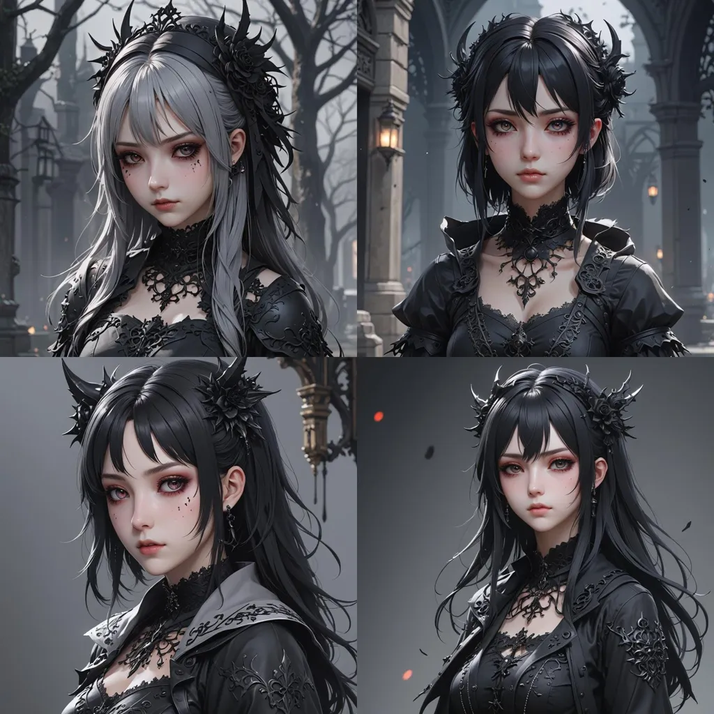 The image shows four different anime girls with black dresses. They all have different hairstyles and expressions. The first girl has white and gray hair with black horns in her hair. She is looking at the viewer with a serious expression. The second girl has black hair with black horns in her hair. She is looking at the viewer with a gentle expression. The third girl has black hair with white streaks  and black horns in her hair. She is looking at the viewer with a playful expression. The fourth girl has black hair with black horns in her hair. She is looking at the viewer with a cold expression.