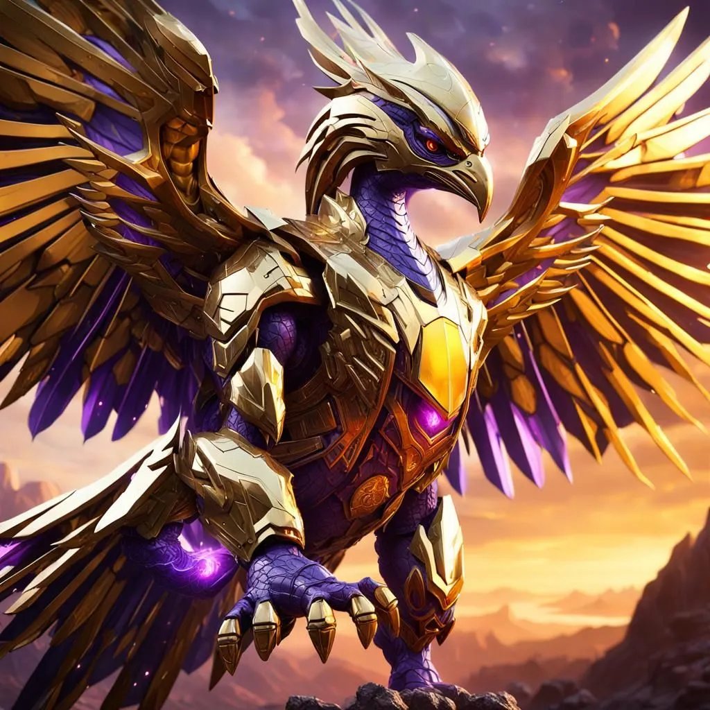 The image shows a golden phoenix with purple wings. It is standing on a rock in front of a purple and yellow background. The phoenix is wearing golden armor and has a purple gem on its chest. It is also surrounded by purple flames.