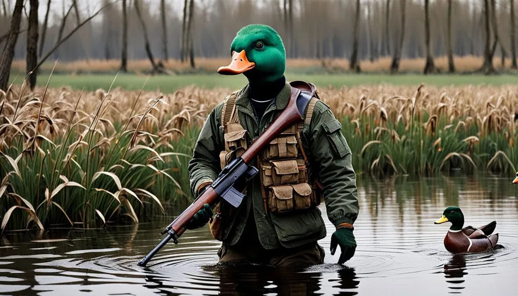 A duck is is standing in the water. It is wearing a military vest and a tactical vest. It is carrying a gun. Another duck is swimming next to it. The duck is standing in the water. It is looking at the camera.