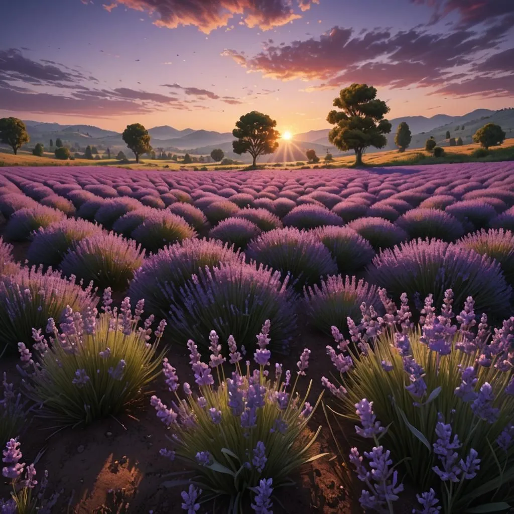 The image shows a field of lavender in bloom. There are two trees in the middle of the field and the sun is setting behind them. The sky is a gradient of purple and pink. The lavender is in focus and has a beautiful depth of field.