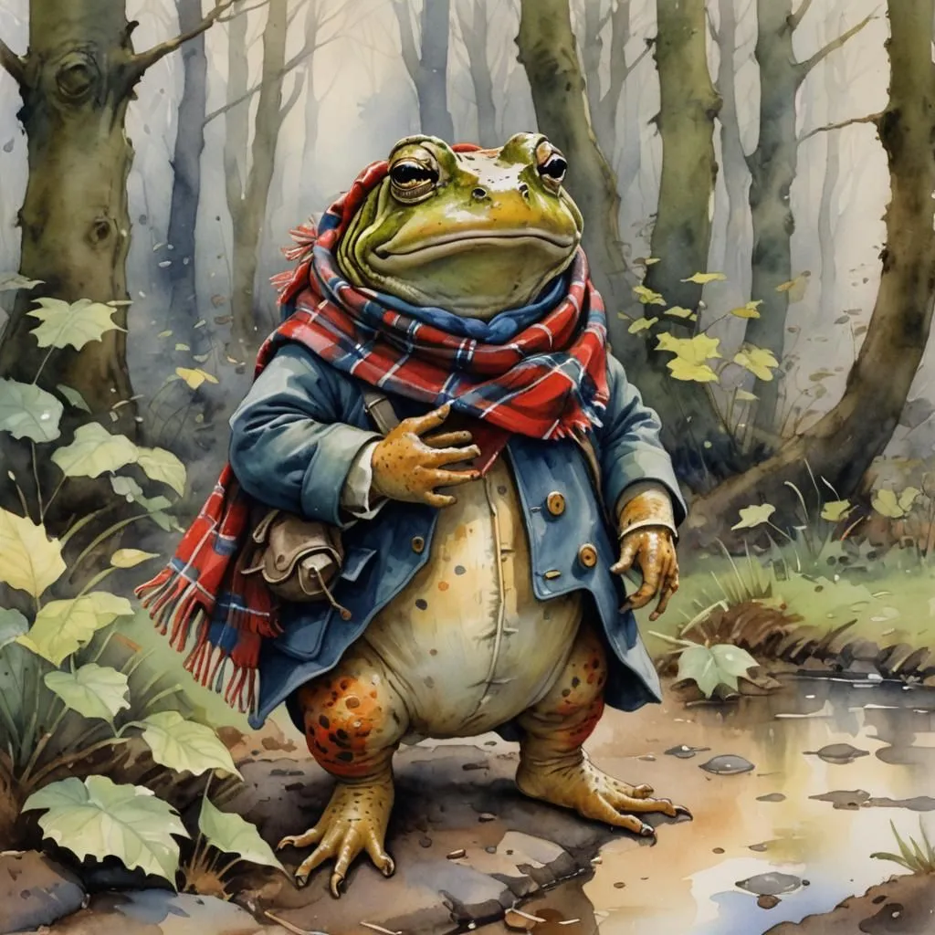 The image shows a anthropomorphic frog wearing a blue coat and a red and green tartan scarf. He is standing in a forest, and there are trees and leaves all around him. He has a walking stick in his hand and a bag over his shoulder. He looks like he is on an adventure.