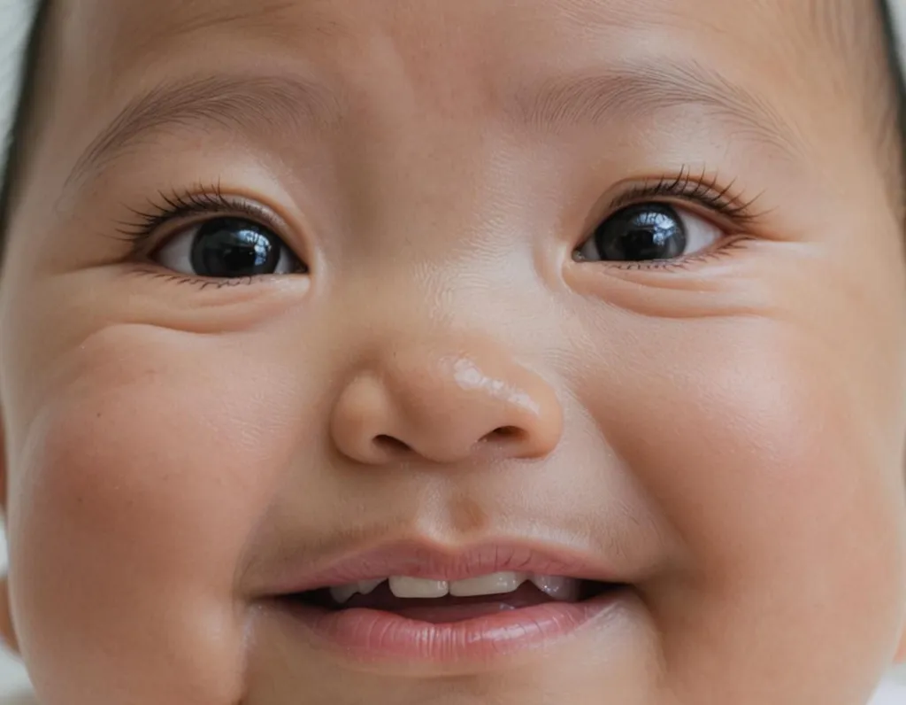 This is a close-up picture of an Asian baby's face. The baby has dark brown eyes, long eyelashes, and a small nose. The baby's cheeks are chubby and rosy, and the baby has a small smile on its face. The baby's hair is black and it is very short.