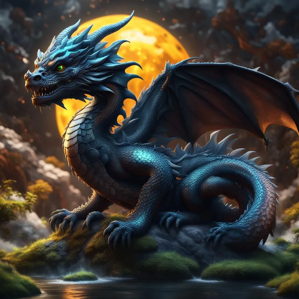 The dragon is a fearsome creature with a long, serpentine body covered in blue scales. It has a pair of large, powerful wings that allow it to fly through the air. The dragon's head is long and narrow, with a pair of sharp horns protruding from its forehead. Its eyes are a deep, piercing green, and its teeth are sharp and white. The dragon is perched on a rock, surrounded by a forest. The moon is full, and the light shines down on the dragon, making its scales glisten.