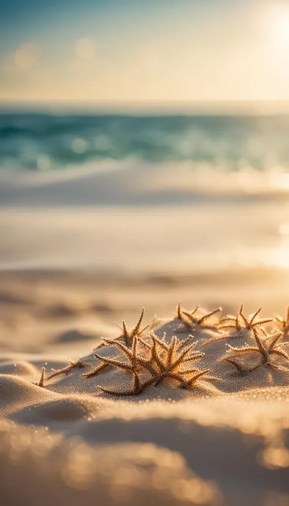 The image is of a sandy beach with the ocean in the background. The sand is white and soft, and the water is a beautiful blue-green color. The sun is shining brightly, and there are a few small waves crashing on the shore. There are also some seashells and starfish on the sand. The overall effect of the image is one of peace and tranquility.