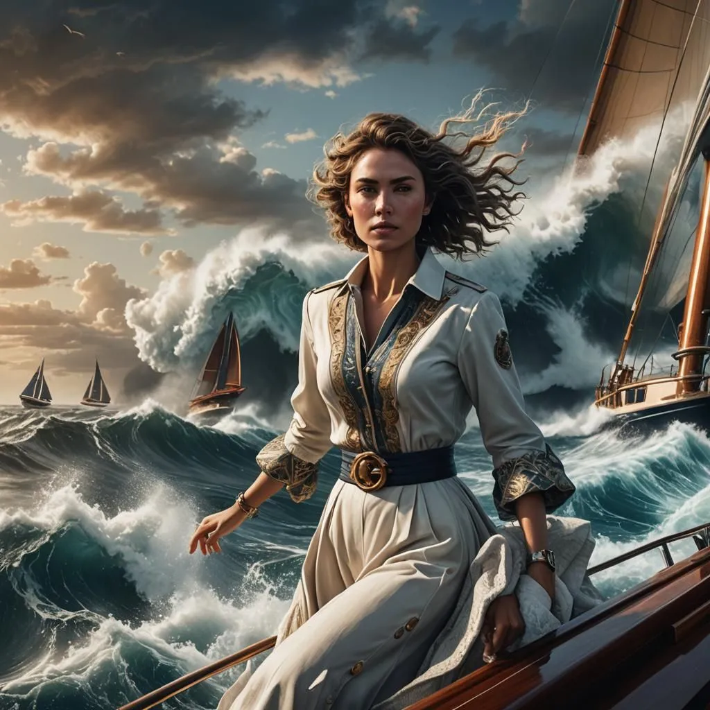 The image shows a woman standing on the deck of a ship. She is wearing a white dress and a brown belt. Her hair is blowing in the wind and she has a determined look on her face. The ship is being tossed by the waves and there are dark clouds in the background. The woman is holding the railing of the ship with one hand and her other hand is holding her hat. She is looking out at the sea with a determined expression on her face.