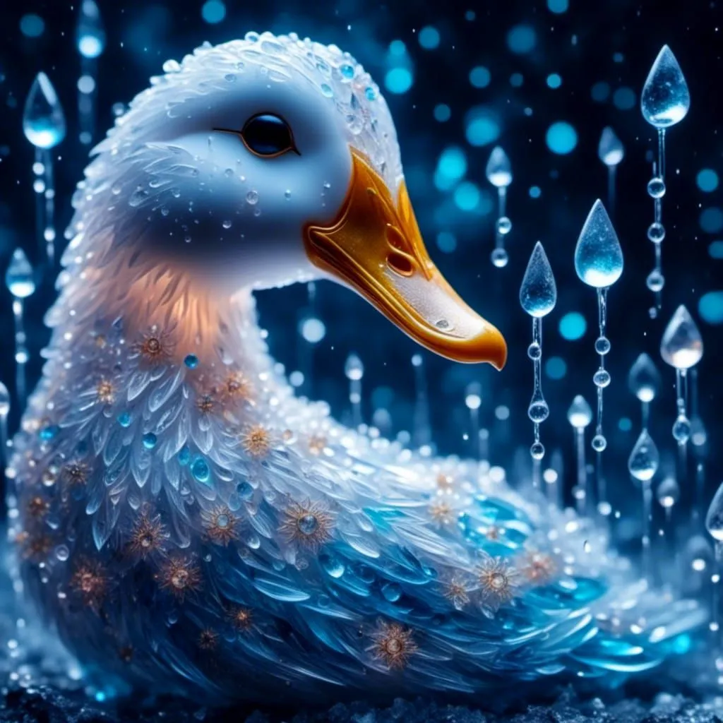 The image is a beautiful depiction of a duck. The duck is潔白如玉and has a golden beak. It is surrounded by a blue background with falling water droplets. The duck is looking to the right of the frame. The image is very detailed and lifelike.