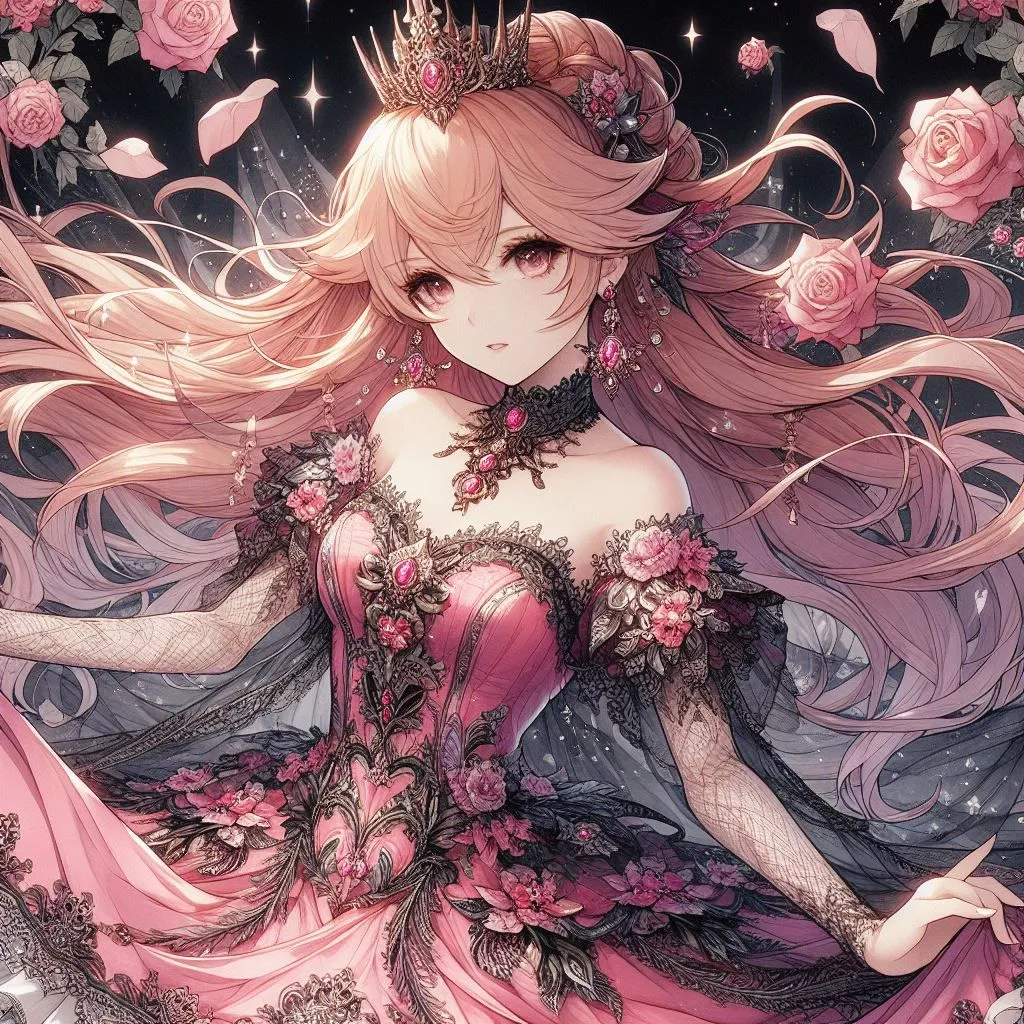 The picture shows a beautiful anime girl with long pink hair and pink eyes. She is wearing a pink dress with black lace and floral details. She is also wearing a crown and a necklace with a pink gem in the center. There are pink roses and sparkles in the background.