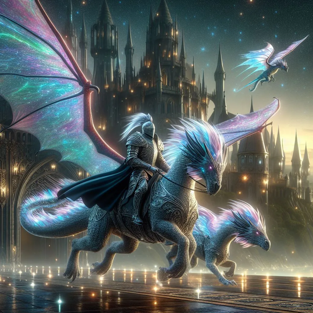 A knight in shining armor rides a majestic silver dragon through a moonlit sky. The dragon's wings are outstretched, and its scales glisten in the light. The knight is wearing a helmet with a visor, and his face is hidden. He is holding a sword in one hand and a shield in the other. The dragon is flying towards a castle, which is perched on a cliff. The castle is made of gray stone, and it has towers and turrets. The knight and the dragon are flying over a river, and there are trees and mountains in the background.