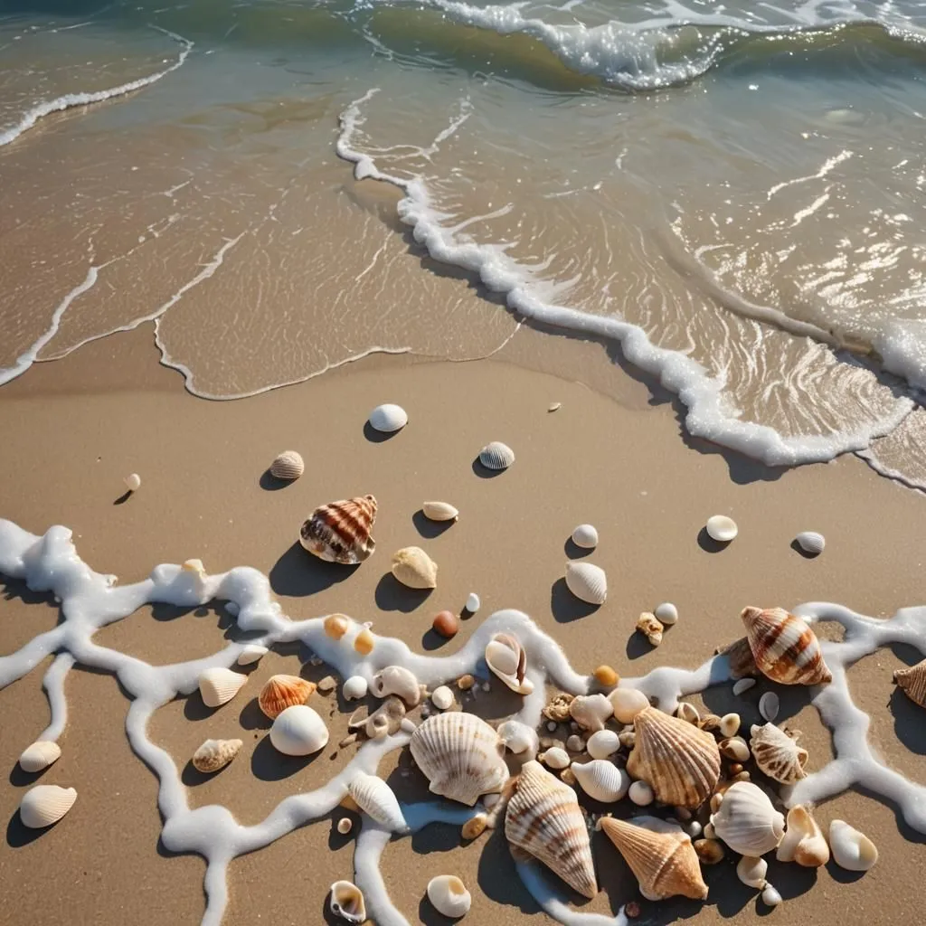 The image shows a sandy beach with a lot of seashells. The sand is wet and there are some small waves coming in from the ocean. The seashells are all different colors and sizes. There are white, brown, and black seashells. There are also some small pebbles mixed in with the seashells. The waves are coming in and out, and they are making a lot of noise. The beach is very peaceful and relaxing.