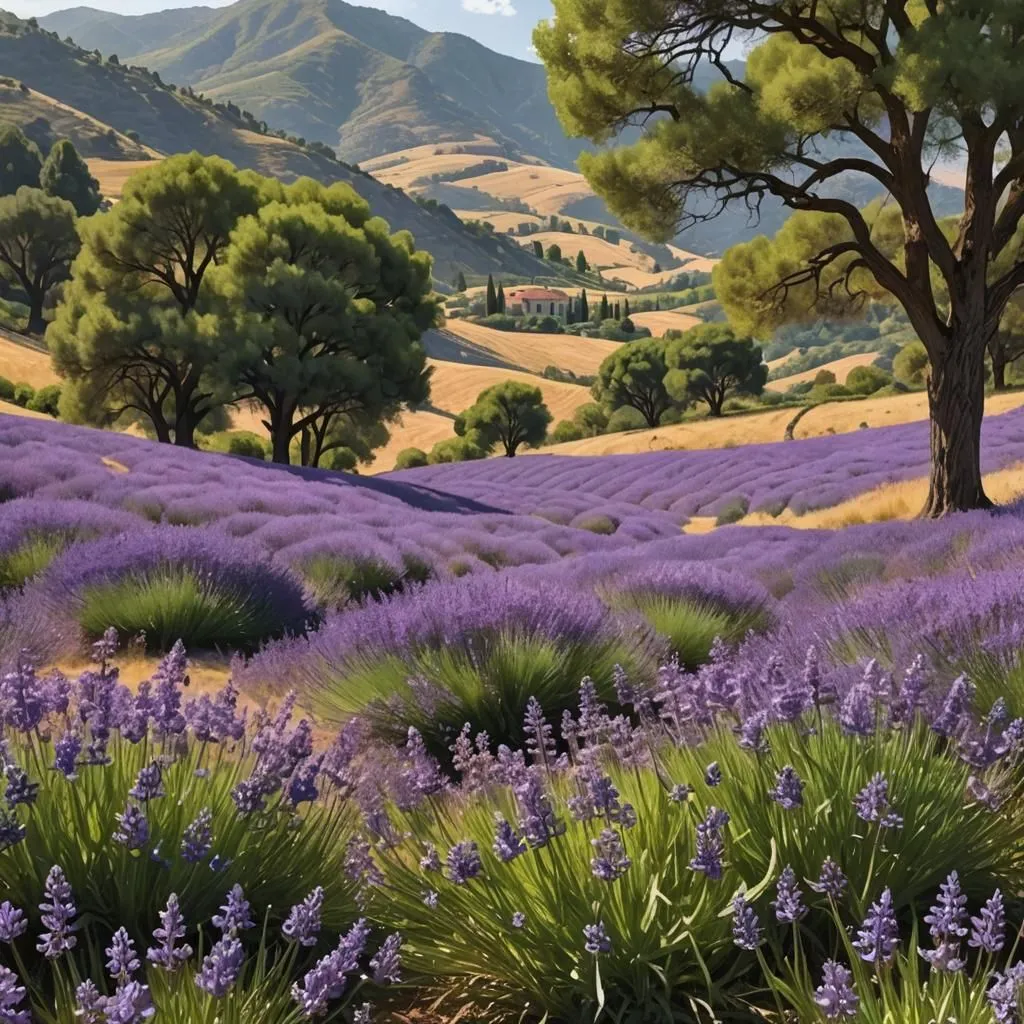 The image shows a field of lavender in bloom. The lavender is a beautiful purple color, and it is in full bloom. There are trees in the background, and a large tree in the foreground. The sky is blue, and the sun is shining. The image is peaceful and relaxing.