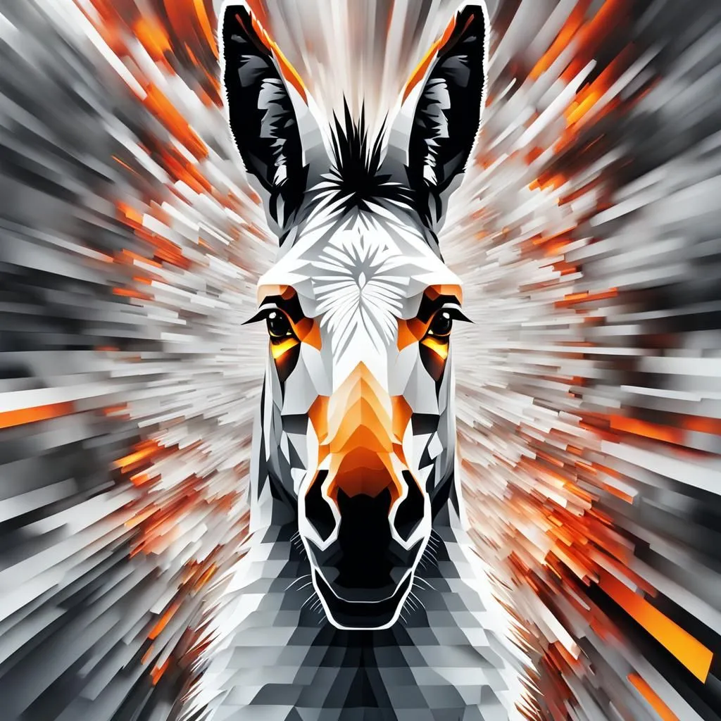 The image is a digital painting of a donkey. The donkey is facing the viewer with a serious expression on its face. The background is a bright orange and yellow color. The donkey is made up of geometric shapes and has a mane of flowing orange hair. The painting has a cubism feel to it and is very stylized.