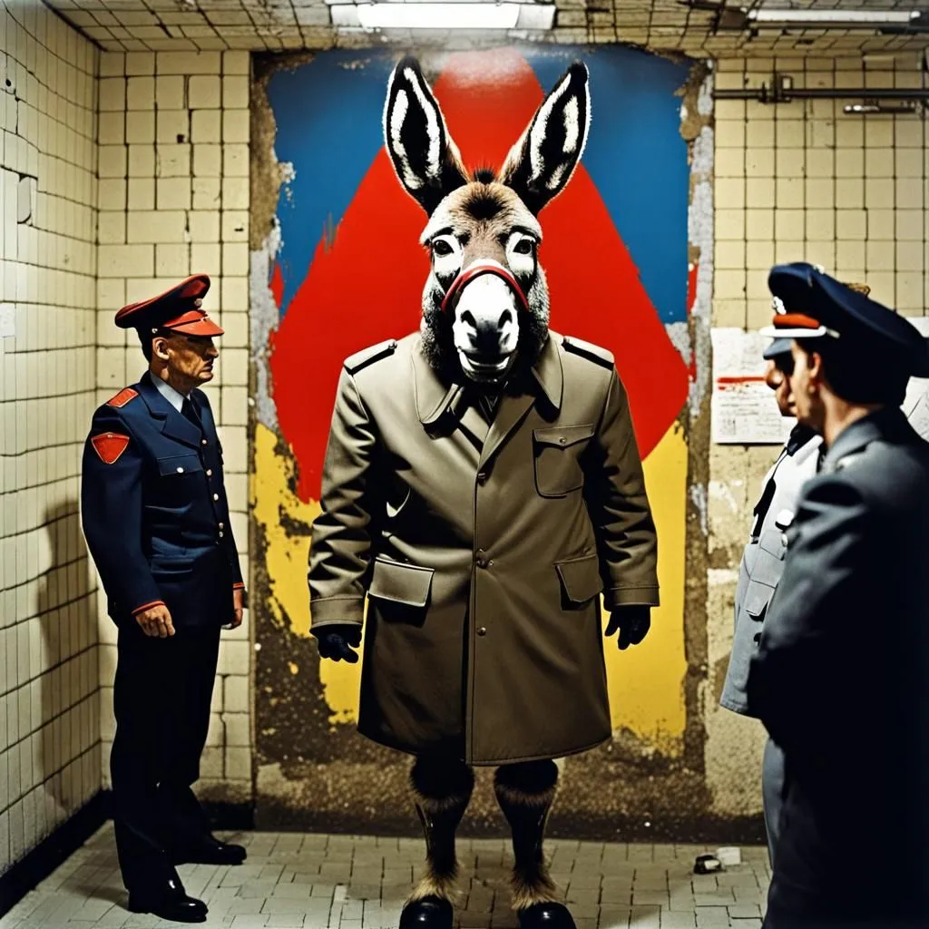 The image shows a donkey wearing a trench coat and a military cap, standing in front of a blue and red background. The donkey has a stern expression on its face. There are two men in military uniforms standing on either side of the donkey. The men have their hands clasped in front of them and are looking at the donkey. The image is set in a nondescript room with white tiles on the walls and floor.