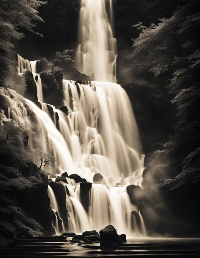 The waterfall is cascading down from a high cliff. The water is white and foamy, and it creates a powerful, rushing sound. The waterfall is surrounded by dark rocks and trees, which makes it look even more dramatic. The waterfall is a beautiful and awe-inspiring sight. It is a reminder of the power of nature and the beauty of the natural world.