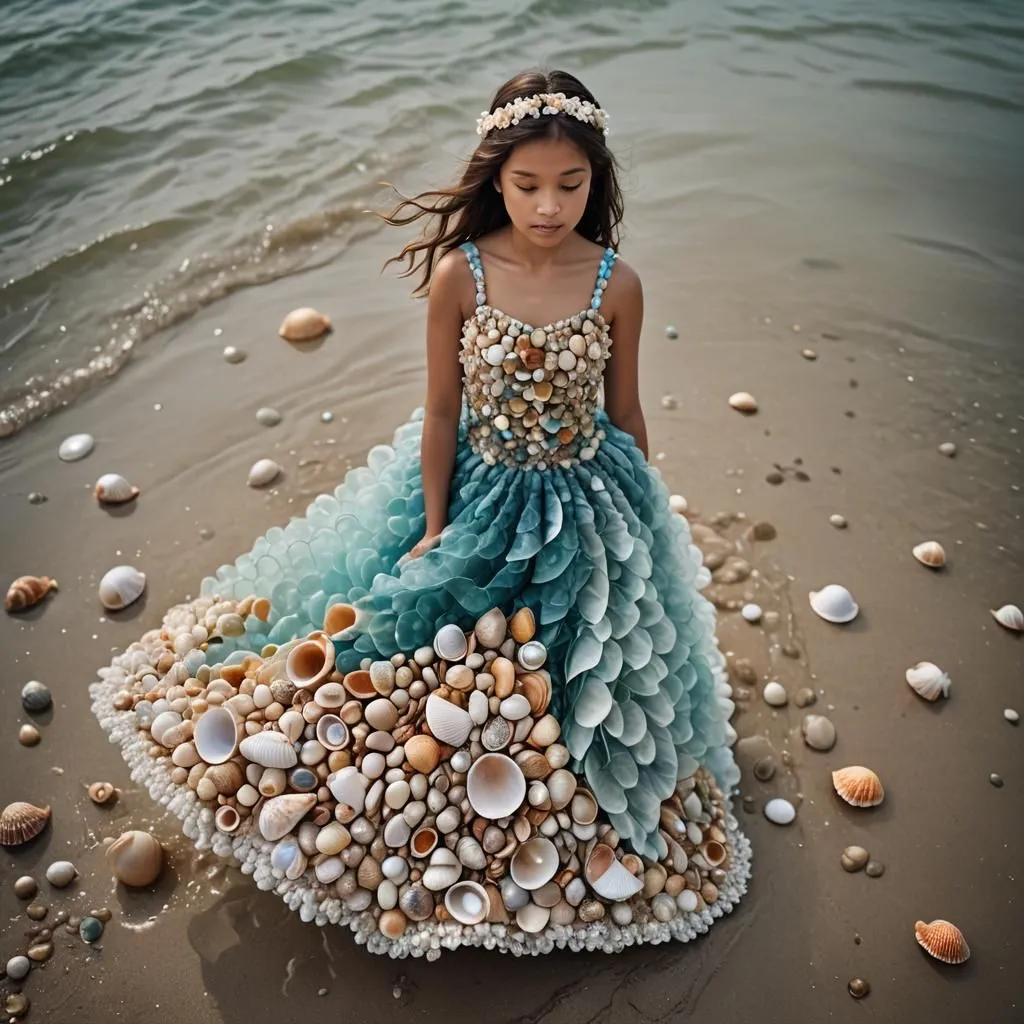 This is an image of a girl wearing a dress made of seashells. The dress is blue and green, and it has a long skirt and a fitted bodice. The girl is standing on the beach, and the waves are crashing behind her. She is looking down at the shells on the sand. Her hair is long and dark, and she is wearing a headband made of shells. The image is beautiful and serene, and it captures the magic of the beach.