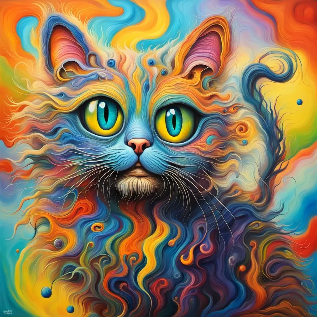 This is a digital painting of a cat. The cat has blue eyes and long, flowing hair. The hair is a rainbow of colors, including pink, blue, green, yellow, and orange. The cat is set against a background of swirling colors. The painting has a dreamlike quality and seems to capture the cat's personality.