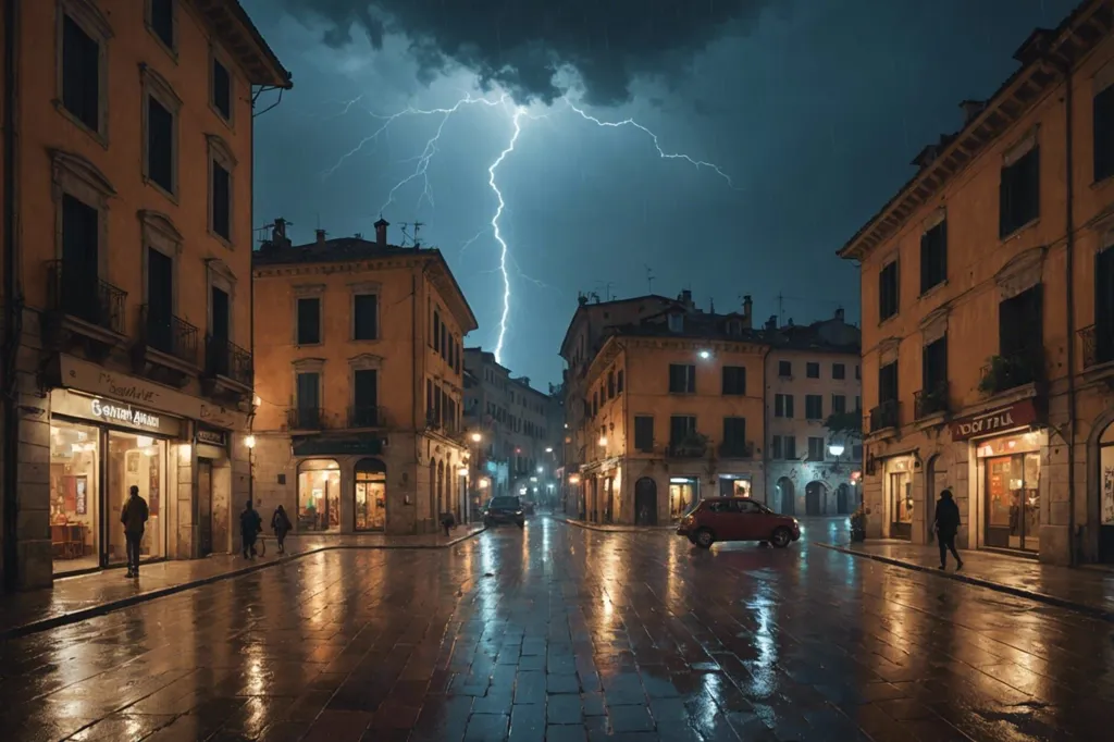 It's a rainy day in the city. The lightning is flashing and the thunder is rumbling. The rain is coming down hard and the streets are deserted. There is a car parked on the side of the road. The buildings are tall and imposing. The scene is dark and dramatic.