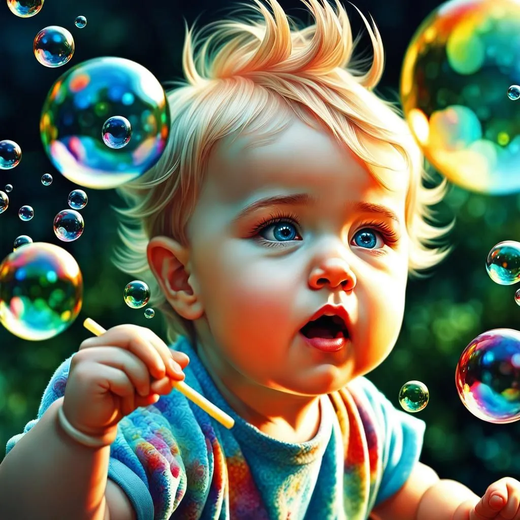 The image shows a cute baby with blonde hair and blue eyes. The baby is surrounded by colorful bubbles and has a curious expression on its face. It is wearing a colorful shirt and is holding a bubble wand. The background is blurry and green.