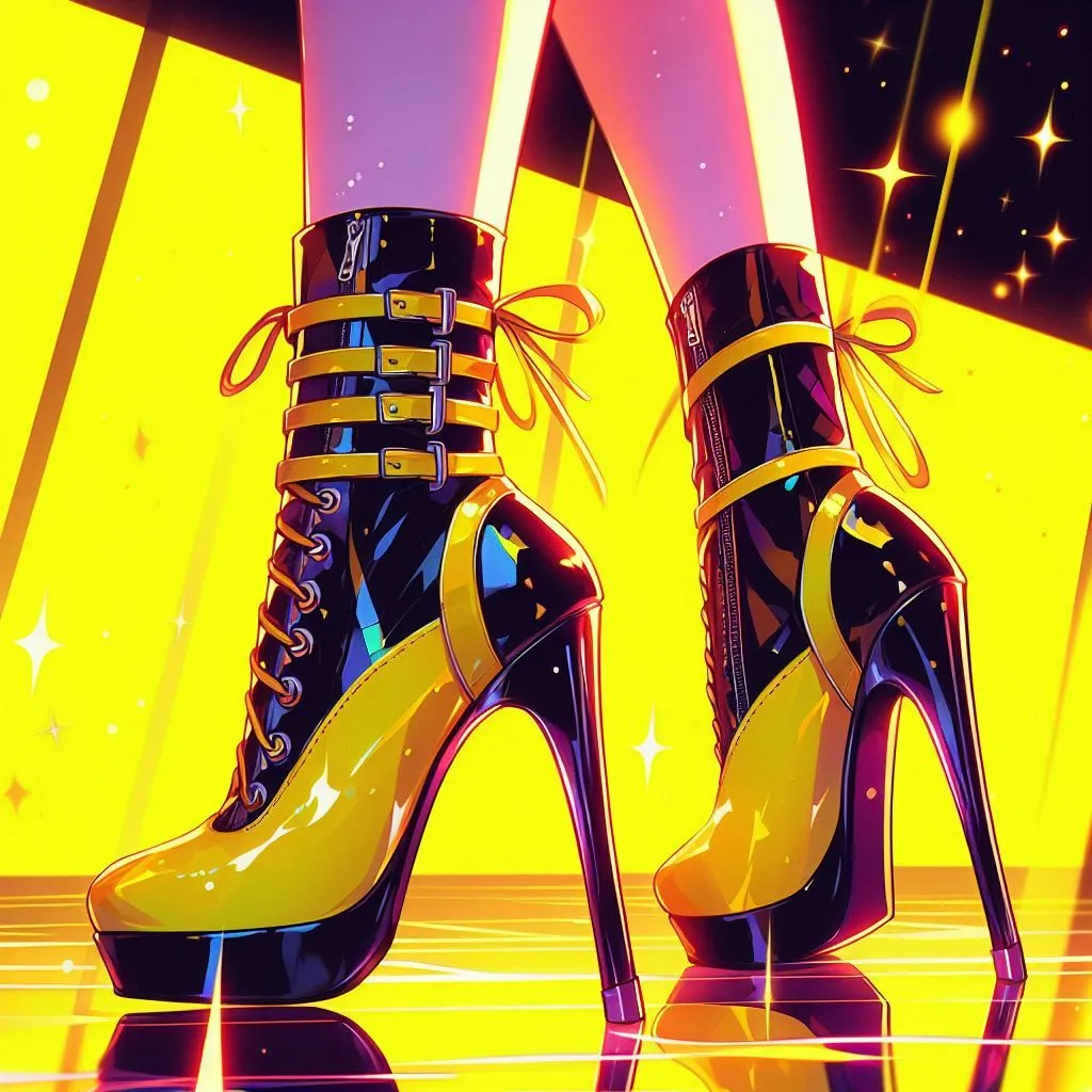 A pair of yellow boots with black soles and heels. The boots are high-heeled and have a platform. The boots are also laced up the front with black laces. The boots are being worn by a person whose legs are not shown. The background is a bright yellow color with a spotlight shining down.