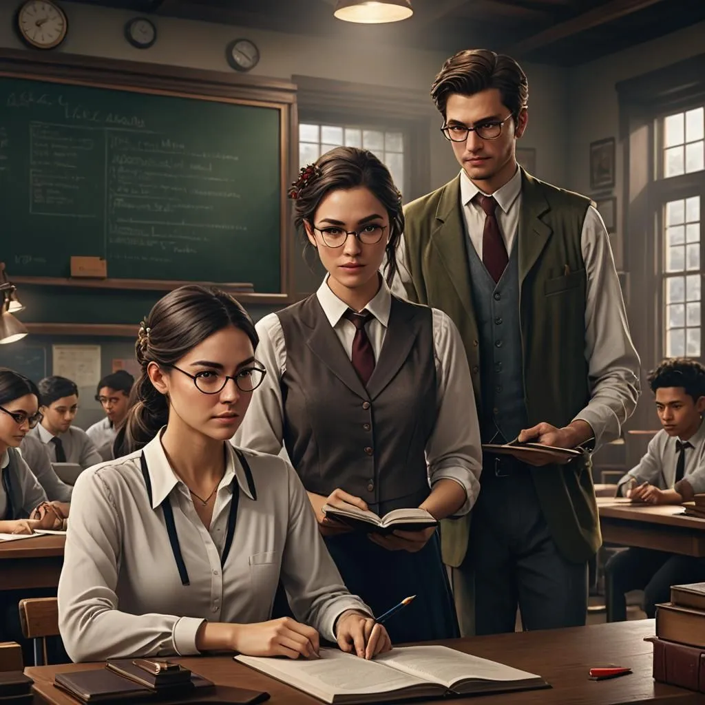 In a dimly lit classroom, a group of students diligently study under the watchful eyes of their stern teacher. The teacher, a young woman with an air of authority, stands at the front of the room, her hands clasped in front of her. The students, a diverse group of young adults, sit at their desks, their attention fixed on the teacher. The room is filled with a sense of anticipation, as the students eagerly await the teacher's next words.